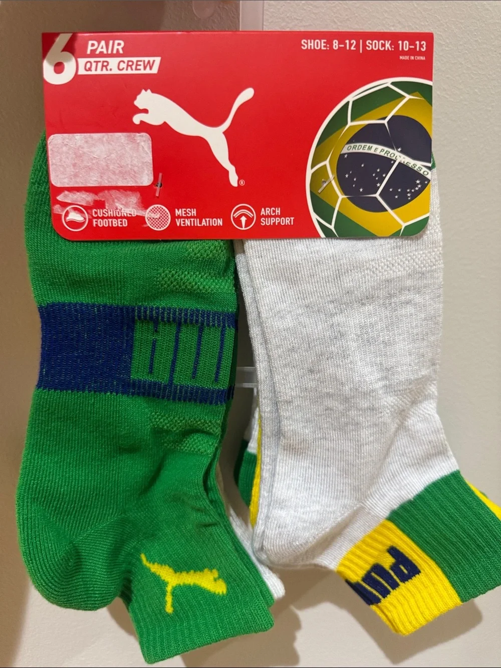 PUMA Men's Brazil Quarter Crew Socks - Green & White (6-Pack) NEW